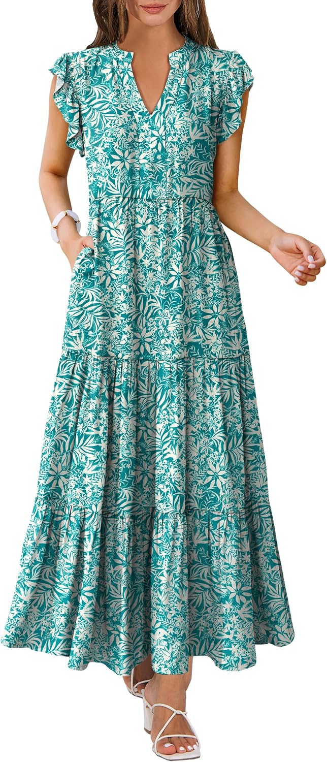 ANRABESS Womens Summer Dress Ruffle Sleeve V Neck Vacation Maxi Dresses | Flowy Tiered Boho Beach Sundress, Casual Fit Long Dress with Pockets, Soft Fashion Work Outfits 2026