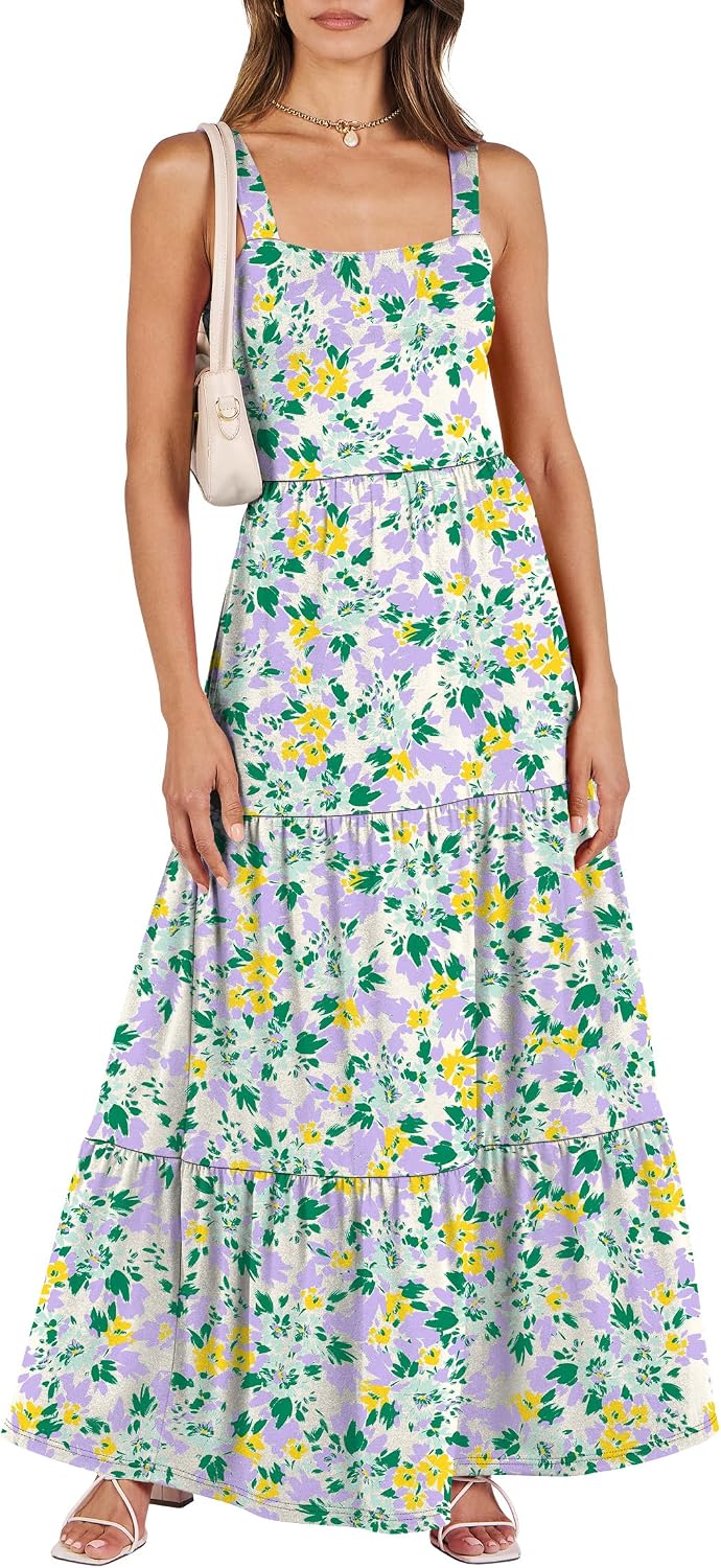 ANRABESS Women's Summer Flowy Maxi Dress Square Neck Sundress with Pockets | Casual Beach Travel Vacation Sleeveless Sun Dress, A-line Boho Tiered Tank Top Long Dresses