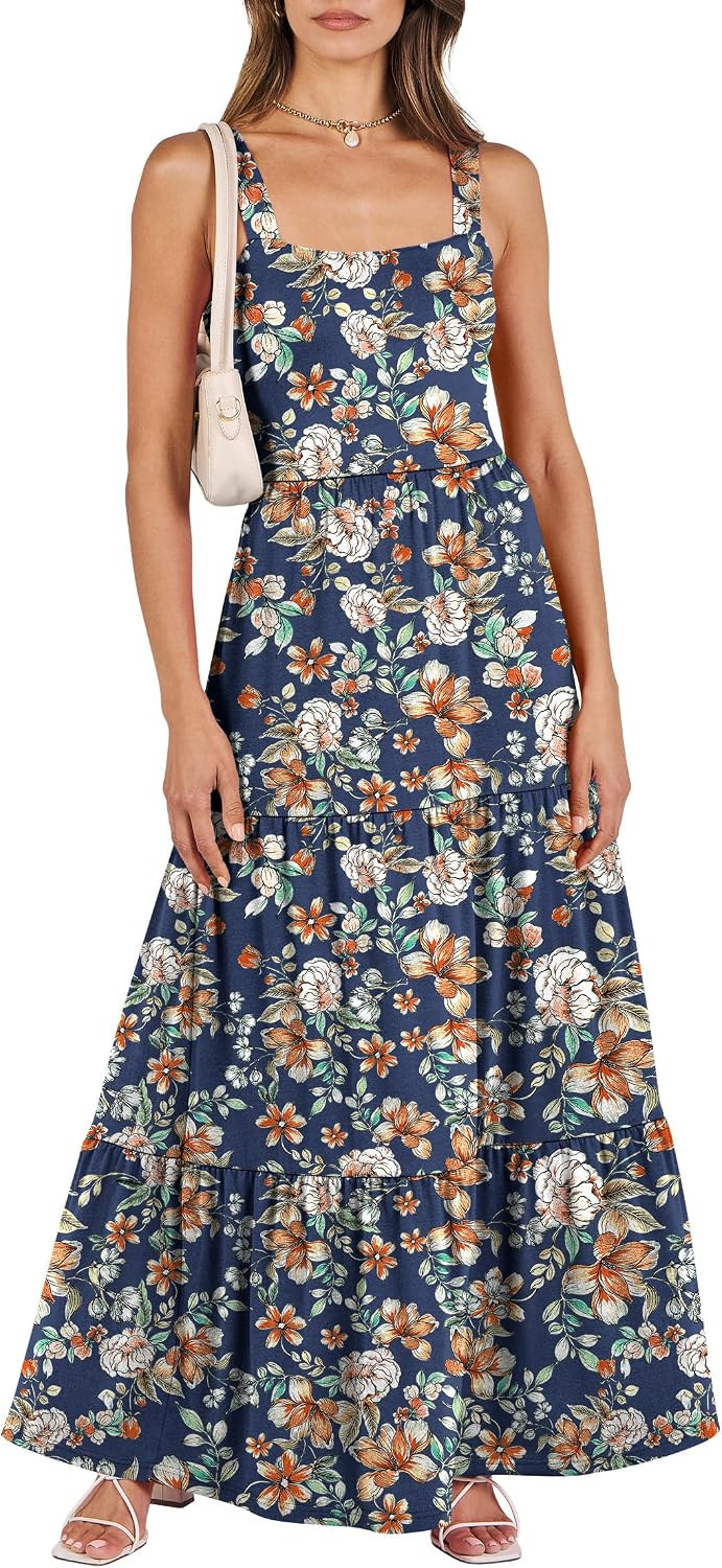 ANRABESS Women's Summer Flowy Maxi Dress Square Neck Sundress with Pockets | Casual Beach Travel Vacation Sleeveless Sun Dress, A-line Boho Tiered Tank Top Long Dresses