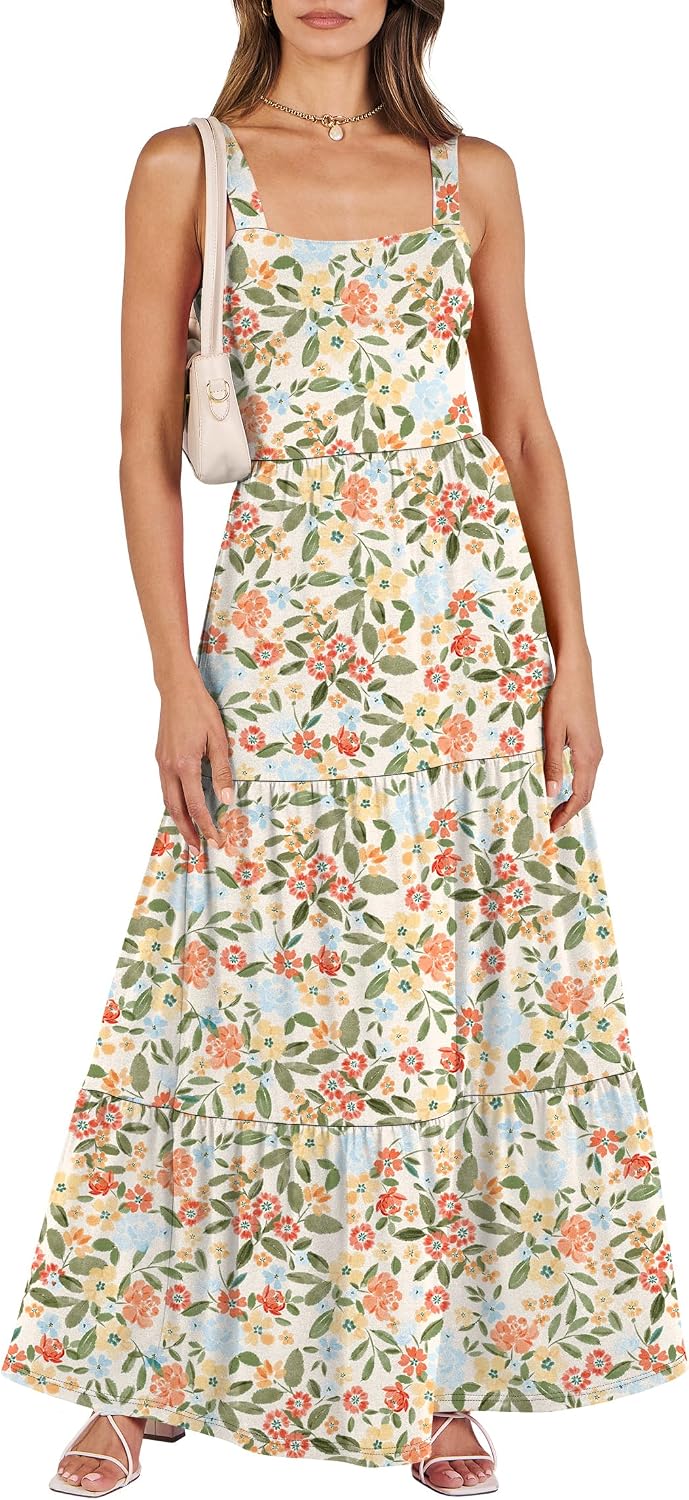 ANRABESS Women's Summer Flowy Maxi Dress Square Neck Sundress with Pockets | Casual Beach Travel Vacation Sleeveless Sun Dress, A-line Boho Tiered Tank Top Long Dresses