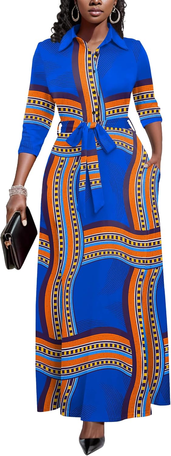 Runwind Womens Maxi Dress 3\/4 Sleeve Button Down Church Dress with Pockets | lapel neck tie waist long dress with belt\/ casual bussiness office dress\/ elegant for wedding guest, dinner party