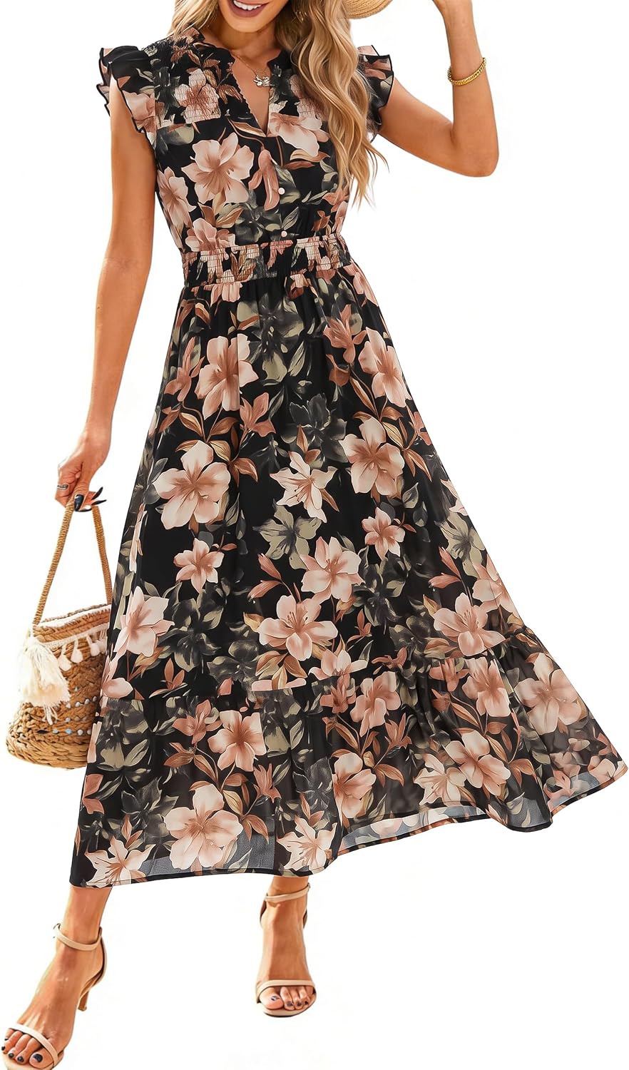 Simplee Womens Summer Floral Mixi Dress V Neck Ruffle Short Sleeve Flowy Dress Boho Casual Beach Long Dresses 2026