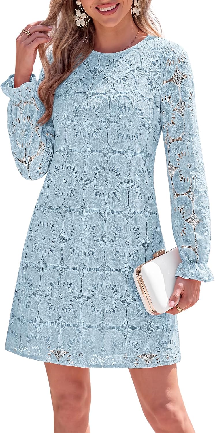 KIRUNDO Womens Long Sleeve Crochet Floral Eyelet Lace Mini Dress | Cute Fall Long Sleeve Embroidered Loose Shift Dress, Elegant Dress for Wedding Guest Bridal Shower Garden Party Vacation