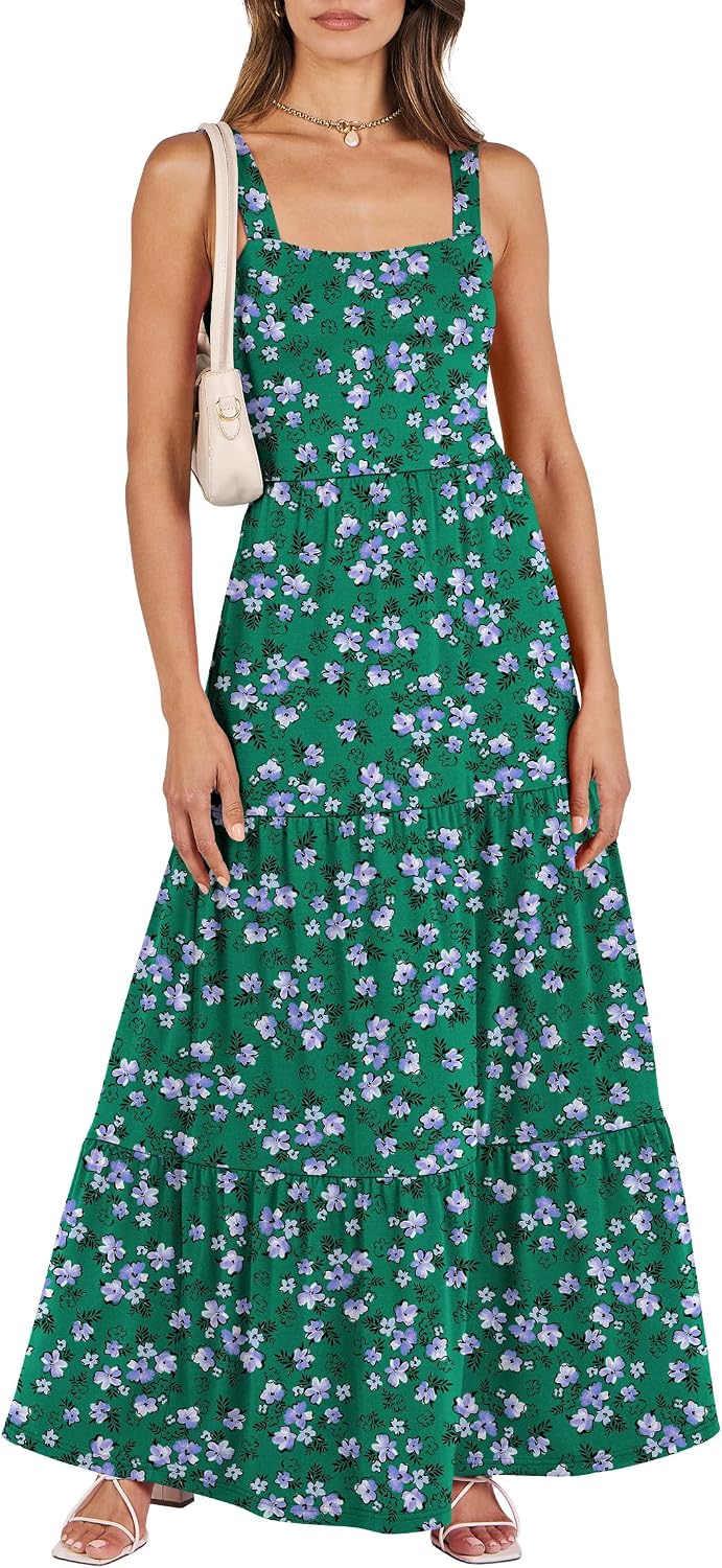 ANRABESS Women's Summer Flowy Maxi Dress Square Neck Sundress with Pockets | Casual Beach Travel Vacation Sleeveless Sun Dress, A-line Boho Tiered Tank Top Long Dresses