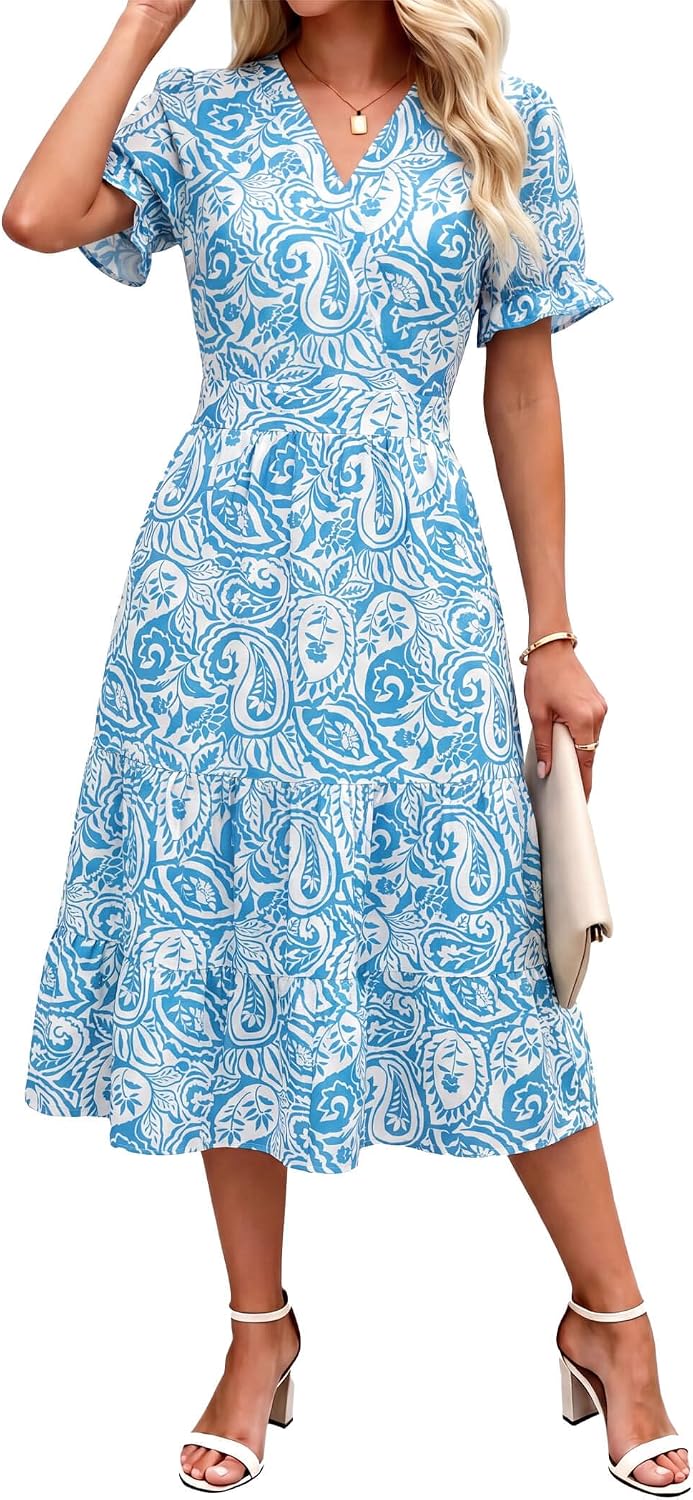OLICE Summer Dresses Midi Dress V Neck Puffy Short Sleeve Flowy Casual Vacation Beach Sundresses 2026 with Pockets