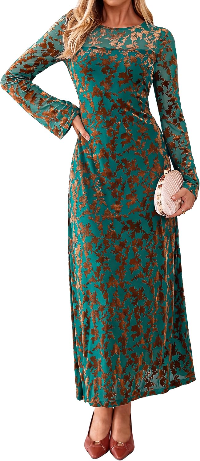 Simplee Womens Velvet Long Sleeve Fall Formal Wedding Guest Maxi Dress | Burnout Velvet Floral, Stretch Mesh Fabric, Long Bell Sleeve,Winter Holiday, Elegant Cocktail Party Dress
