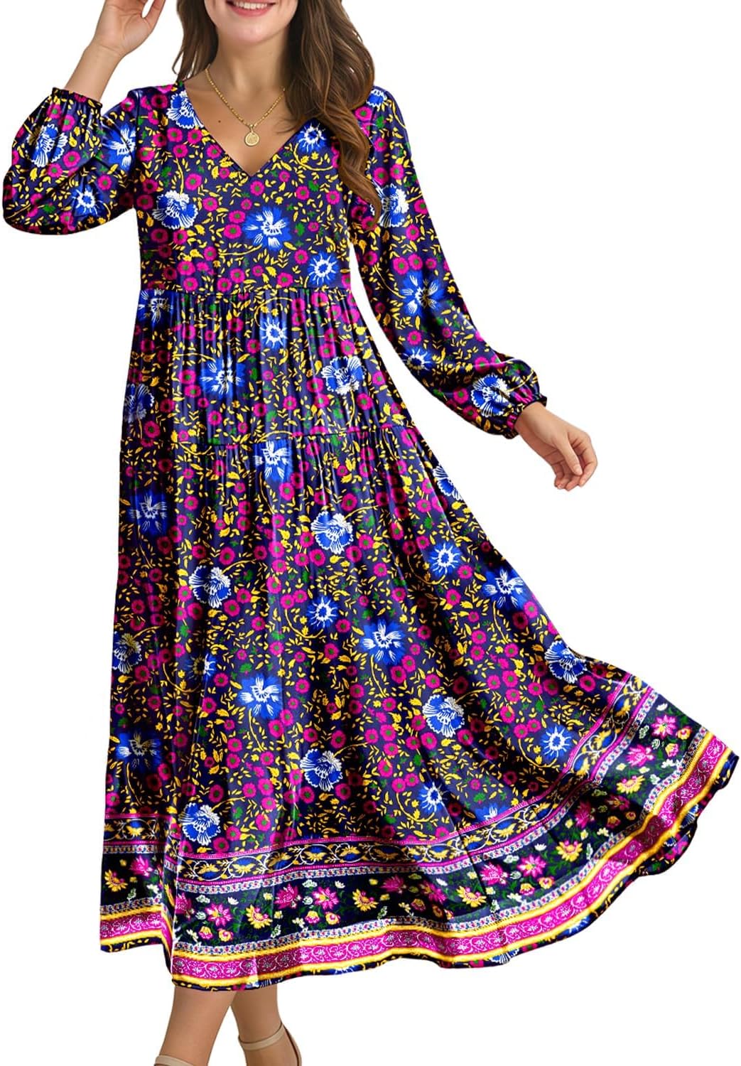 YESNO Women Fall Casual Maxi Dresses Long Lantern Sleeve EVFP2 | V Neck, long sleeve, tiered skirt, flowy beach vacation outfits, spring fall maxi dress with pockets, strap tie