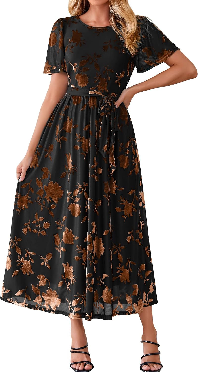 Simplee Womens Semi Formal Fall Wedding Guest Velvet Burnout Maxi Dress | Casual Crew Neck, Flutter Short Sleeve, Tie Waist, Flowy A Line, Bridal Shower, Winter Holiday, Garden Party