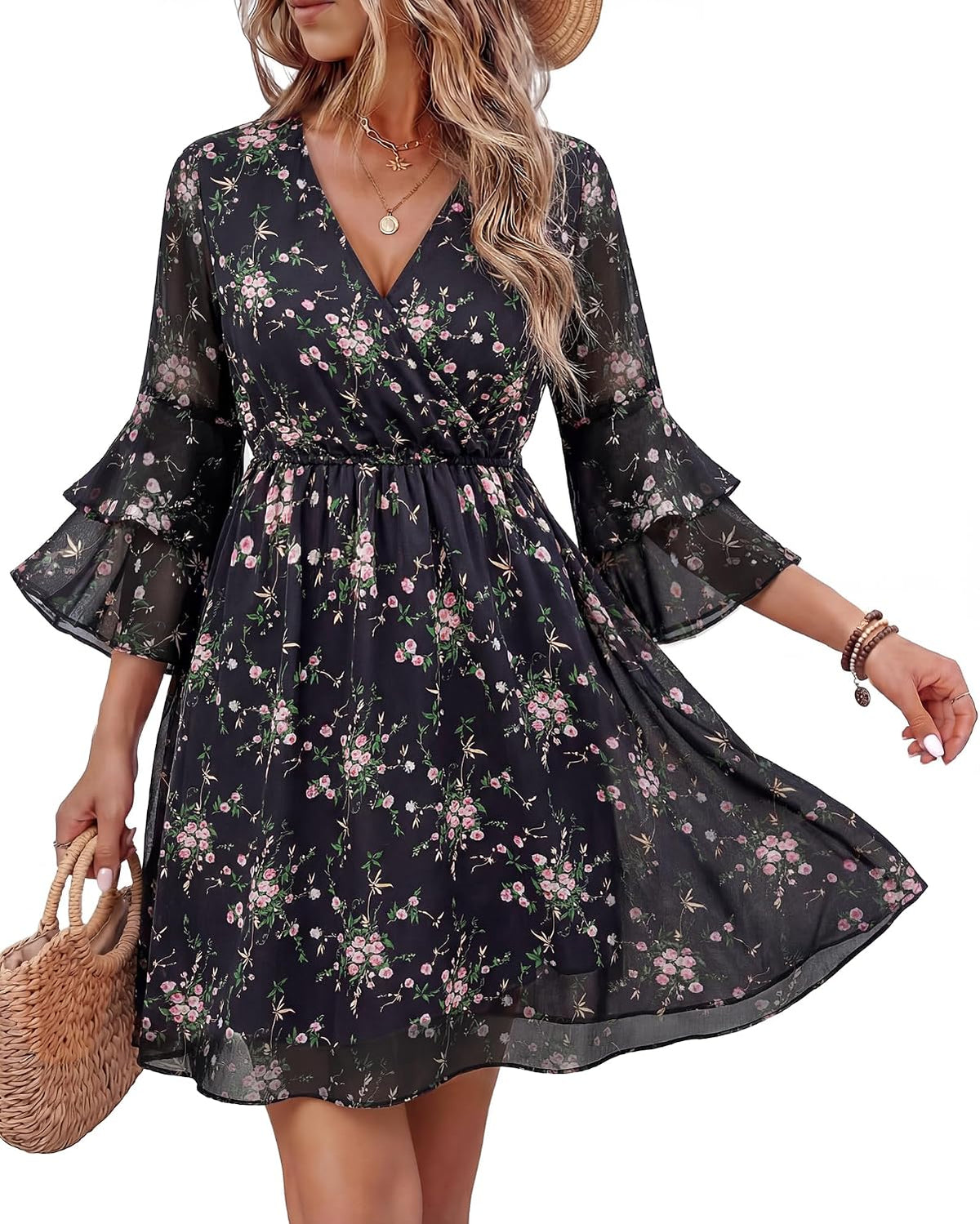 Bebonnie Womens 3\/4 Ruffle Sleeve Spring Summer Casual V Neck Flowy Chiffon Layers Dresses