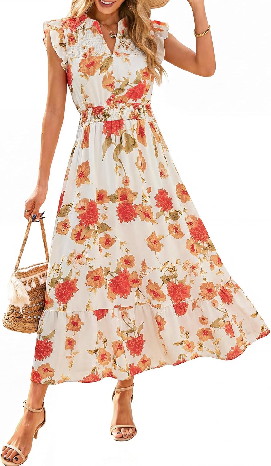 Simplee Womens Summer Floral Mixi Dress V Neck Ruffle Short Sleeve Flowy Dress Boho Casual Beach Long Dresses 2026
