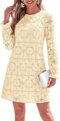 KIRUNDO Womens Long Sleeve Crochet Floral Eyelet Lace Mini Dress | Cute Fall Long Sleeve Embroidered Loose Shift Dress, Elegant Dress for Wedding Guest Bridal Shower Garden Party Vacation