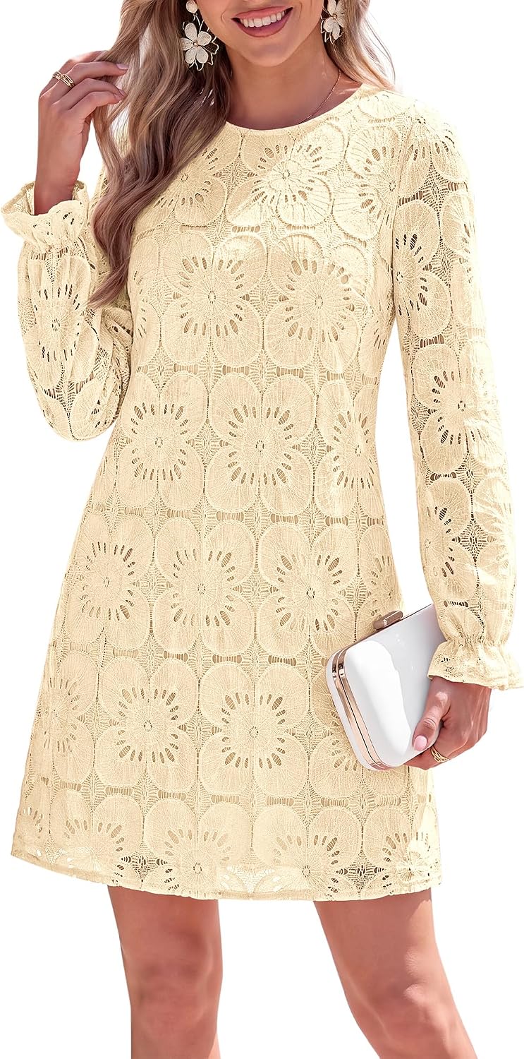 KIRUNDO Womens Long Sleeve Crochet Floral Eyelet Lace Mini Dress | Cute Fall Long Sleeve Embroidered Loose Shift Dress, Elegant Dress for Wedding Guest Bridal Shower Garden Party Vacation