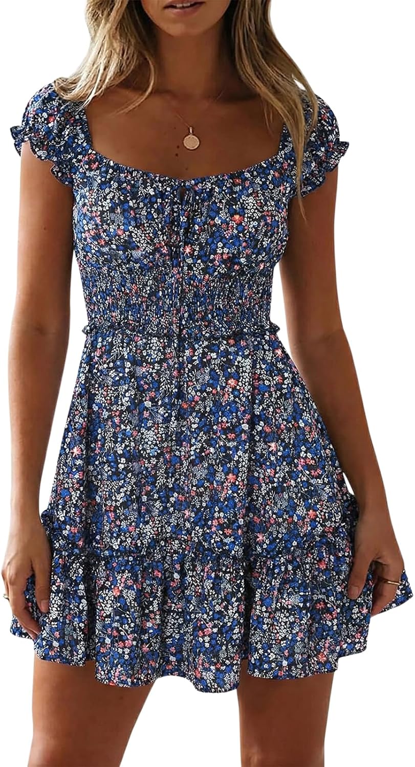 Womens Summer Floral Sundress Ruffle Sleeve Sweetheart Short Mini Dresses | Sun Dress, Sexy, Flowy, Print, Smocked Waist, Western Boho, Beach, Date Night, Country Concert