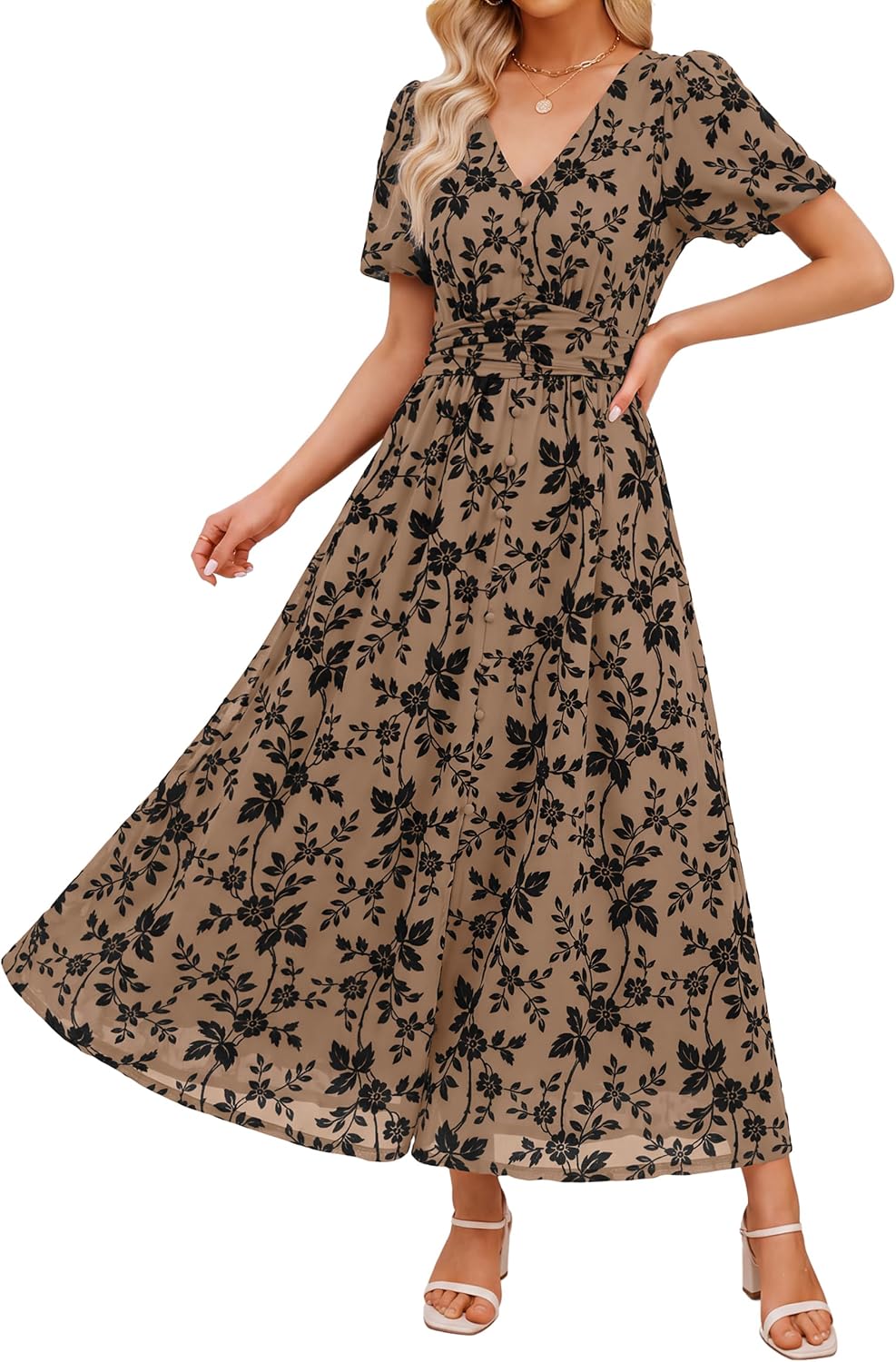 Simplee Womens Floral Wedding Guest Mesh Maxi Dress Formal Cocktail Dresses | Boho Flowy, Semi Formal, Evening Dinner, Empire Waist, Short Sleeve, Long Elegant Western, Fall Winter Holiday