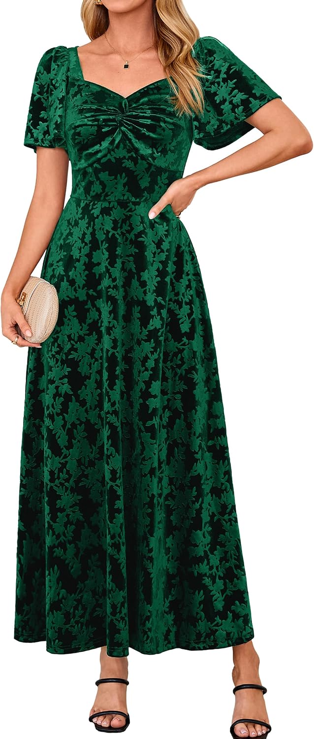 BerryGo Womens Velvet Twist Semi Formal Wedding Guest Maxi Dress | with Pockets, A Line, Short Sleeve, Elegant, Bridal Shower, Long Cocktail, Prom, Fall Winter Fashion