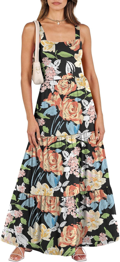 ANRABESS Women's Summer Flowy Maxi Dress Square Neck Sundress with Pockets | Casual Beach Travel Vacation Sleeveless Sun Dress, A-line Boho Tiered Tank Top Long Dresses