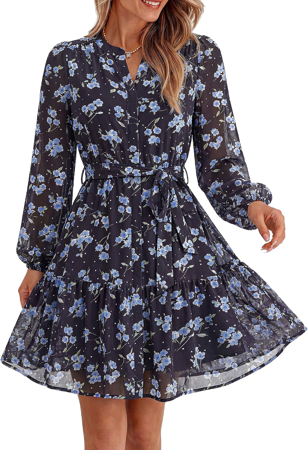 BTFBM Womens Dresses Fall Chiffon Floral V Neck Long Sleeve Mini Dress | Hidden Button Down, Flowy A Line Boho Casual Dress, Fashion Clothing 2026, Cocktail Party Holiday Wedding Guest Dresses