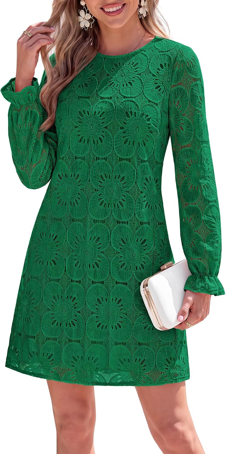 KIRUNDO Womens Long Sleeve Crochet Floral Eyelet Lace Mini Dress | Cute Fall Long Sleeve Embroidered Loose Shift Dress, Elegant Dress for Wedding Guest Bridal Shower Garden Party Vacation