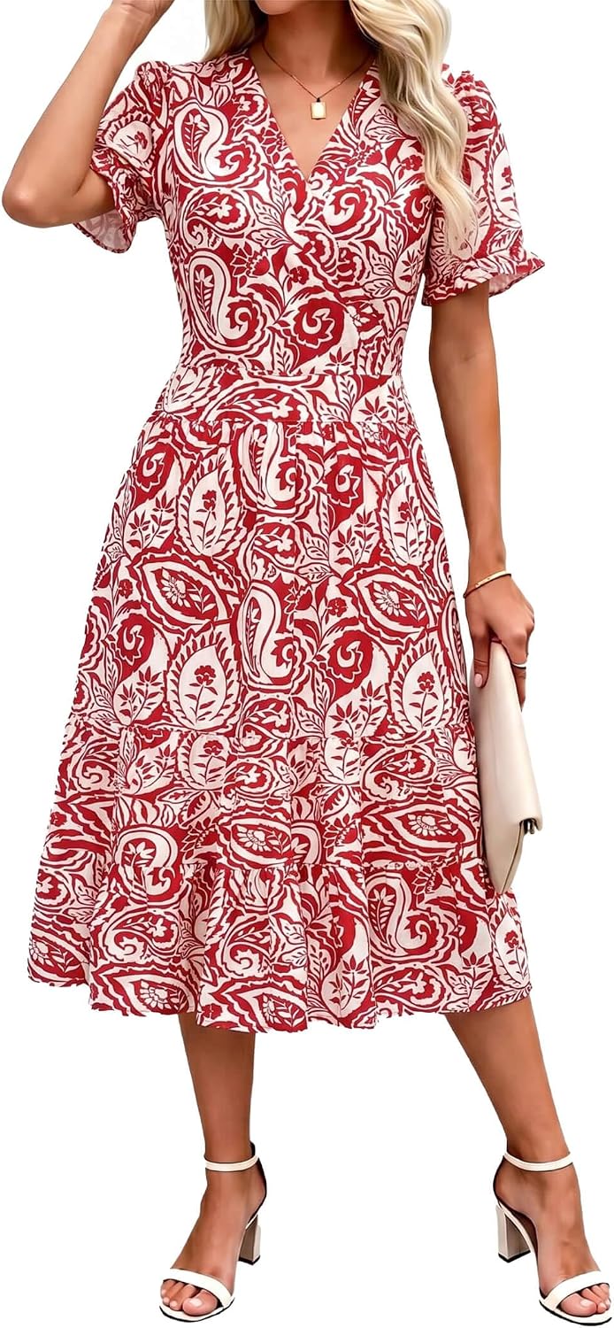 OLICE Summer Dresses Midi Dress V Neck Puffy Short Sleeve Flowy Casual Vacation Beach Sundresses 2026 with Pockets
