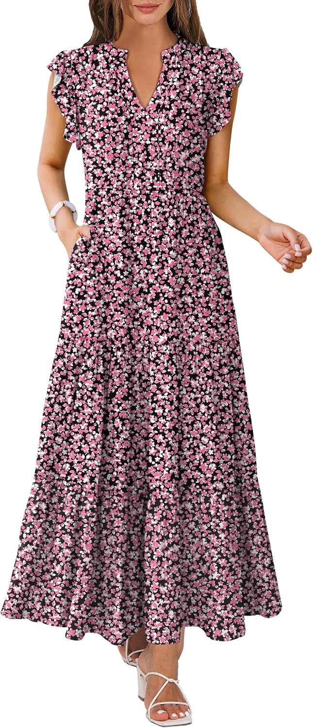 ANRABESS Womens Summer Dress Ruffle Sleeve V Neck Vacation Maxi Dresses | Flowy Tiered Boho Beach Sundress, Casual Fit Long Dress with Pockets, Soft Fashion Work Outfits 2026