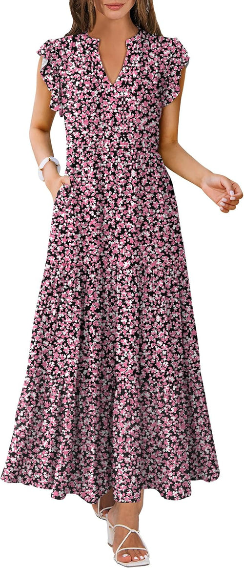 ANRABESS Womens Summer Dress Ruffle Sleeve V Neck Vacation Maxi Dresses | Flowy Tiered Boho Beach Sundress, Casual Fit Long Dress with Pockets, Soft Fashion Work Outfits 2026