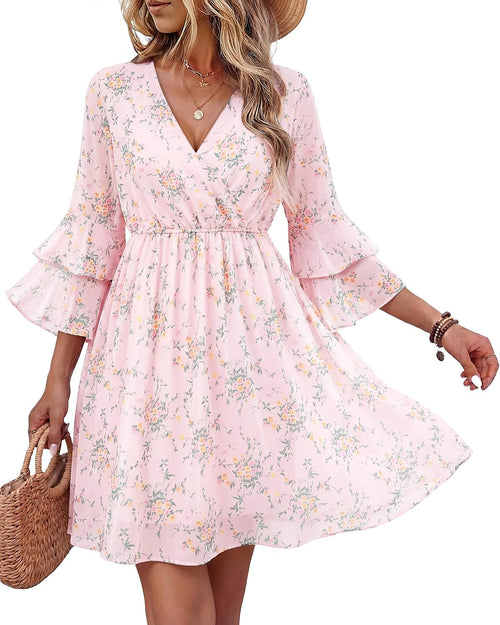 Bebonnie Womens 3\/4 Ruffle Sleeve Spring Summer Casual V Neck Flowy Chiffon Layers Dresses