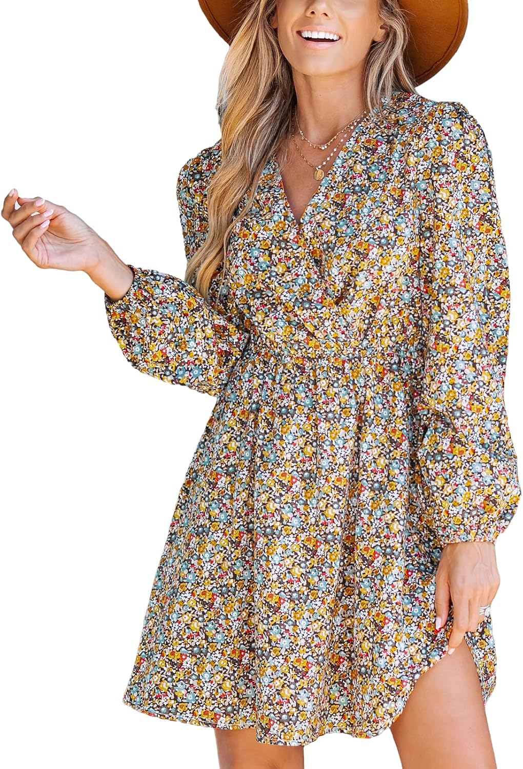 CUPSHE Floral Ruffle Mini Dress Peasant Sleeve Fall Dress Casual Vacation | Surplice V neck Long sleeve, Elastic waist, Flowy A Line, Elegent Holiday ready