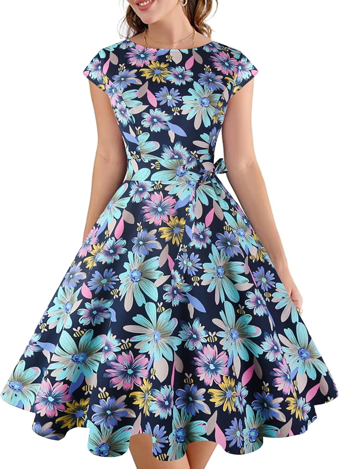 PUKAVT Women's Vintage 1950s Dress Cocktail Party Dress | Cap Sleeve Dress, Wedding Guest Dress, Homecoming Dress, Daily Work Dress, Halloween dress, Tea Party Dress, Date Night Dress