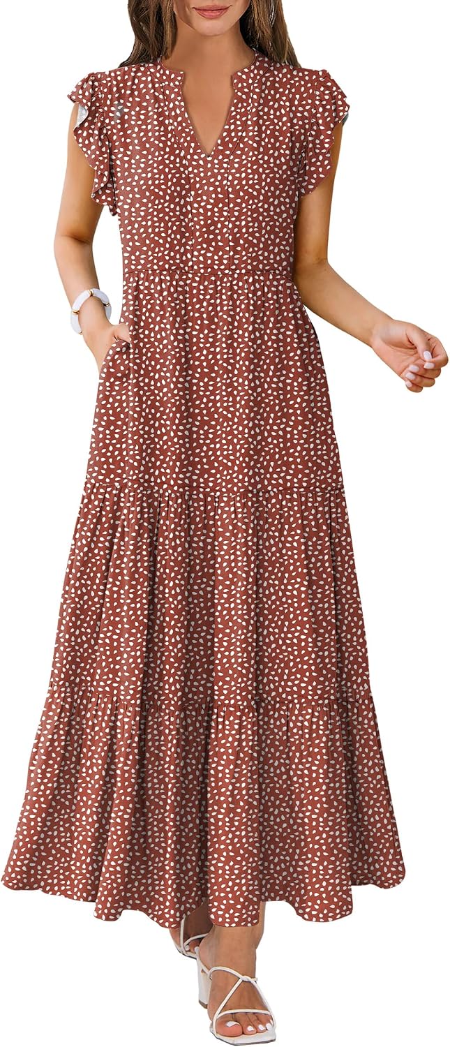 ANRABESS Womens Summer Dress Ruffle Sleeve V Neck Vacation Maxi Dresses | Flowy Tiered Boho Beach Sundress, Casual Fit Long Dress with Pockets, Soft Fashion Work Outfits 2026