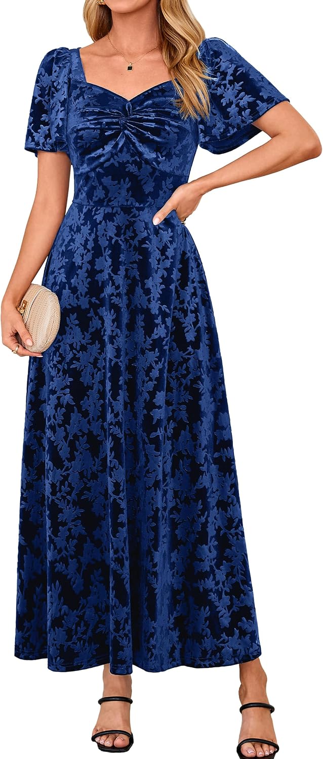 BerryGo Womens Velvet Twist Semi Formal Wedding Guest Maxi Dress | with Pockets, A Line, Short Sleeve, Elegant, Bridal Shower, Long Cocktail, Prom, Fall Winter Fashion