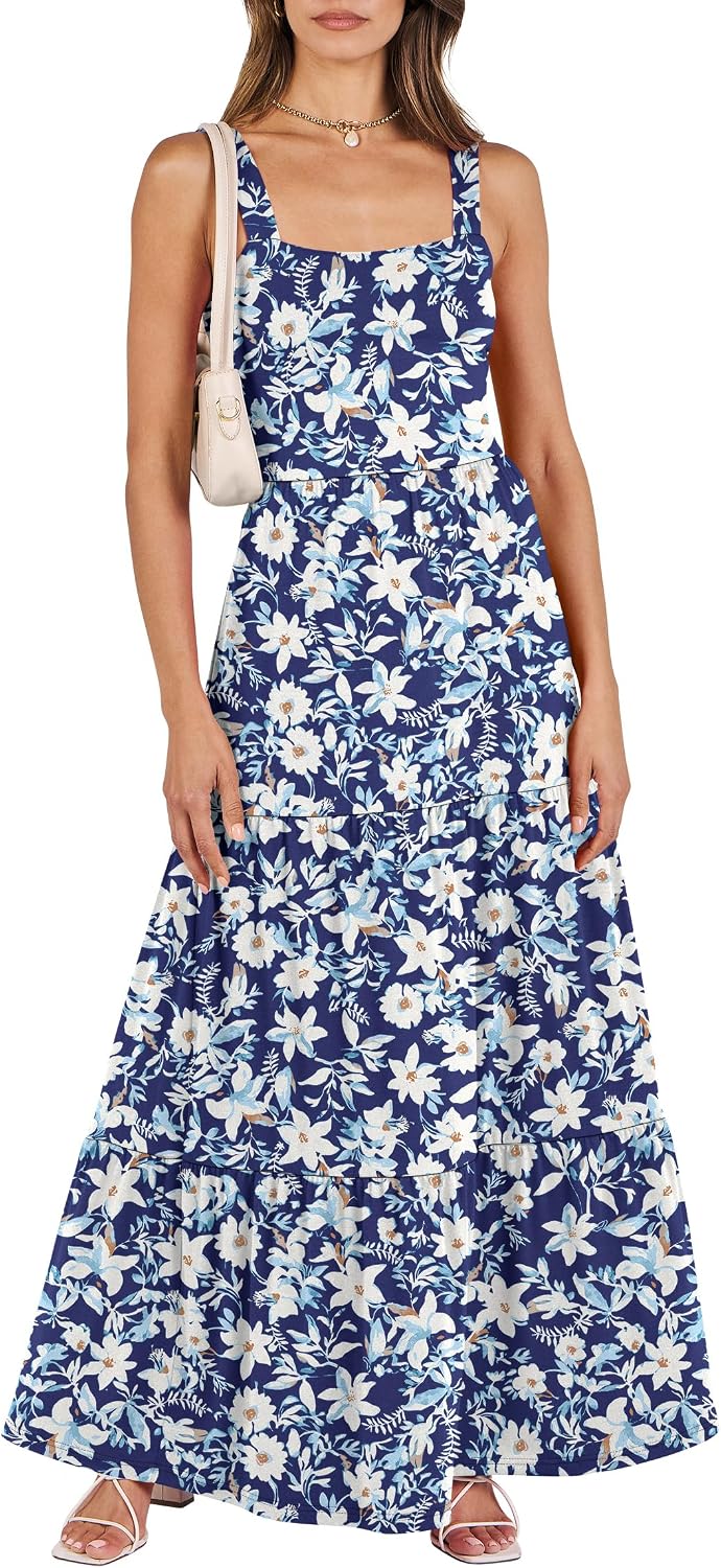 ANRABESS Women's Summer Flowy Maxi Dress Square Neck Sundress with Pockets | Casual Beach Travel Vacation Sleeveless Sun Dress, A-line Boho Tiered Tank Top Long Dresses