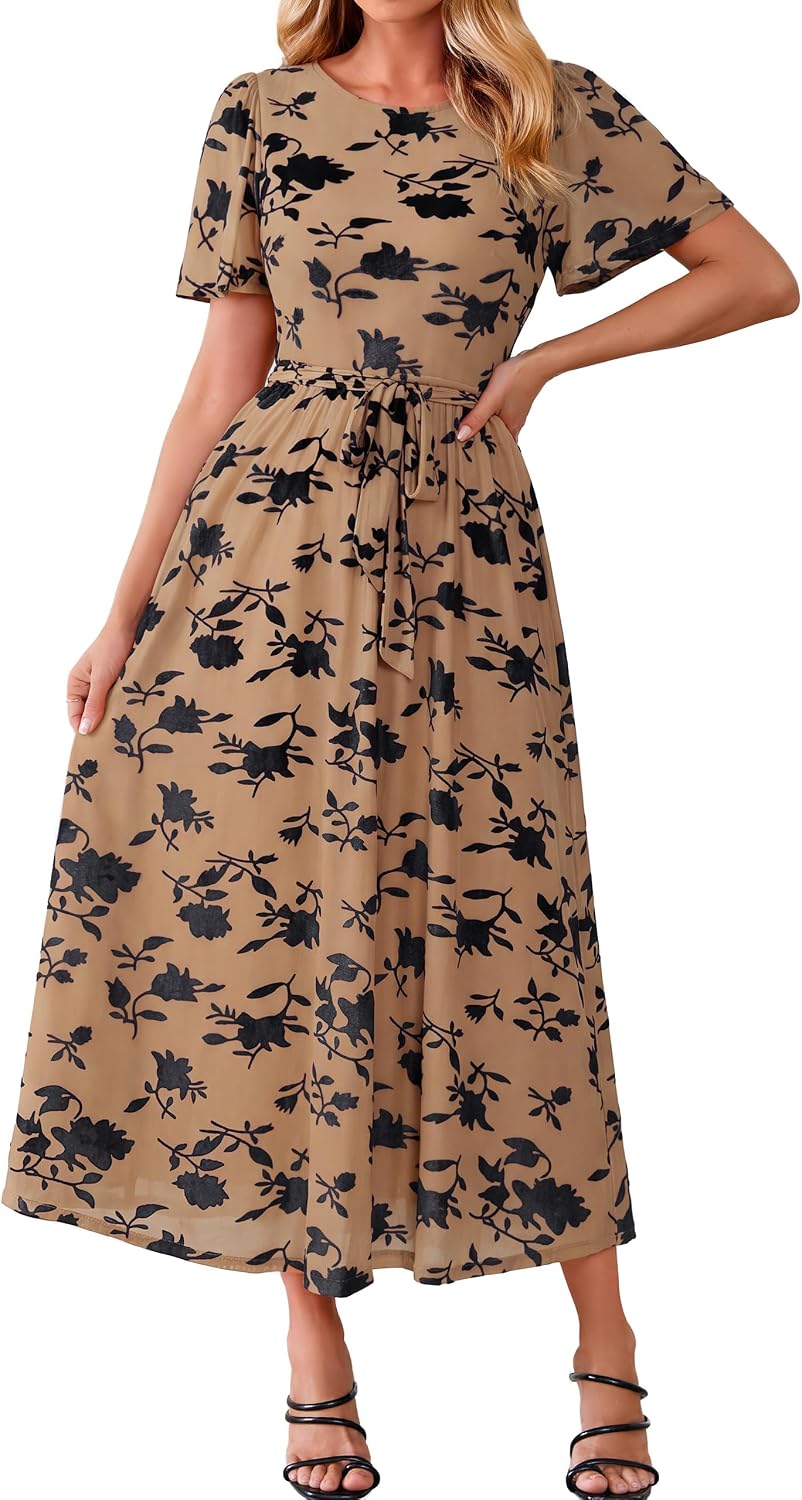 Simplee Womens Semi Formal Fall Wedding Guest Velvet Burnout Maxi Dress | Casual Crew Neck, Flutter Short Sleeve, Tie Waist, Flowy A Line, Bridal Shower, Winter Holiday, Garden Party
