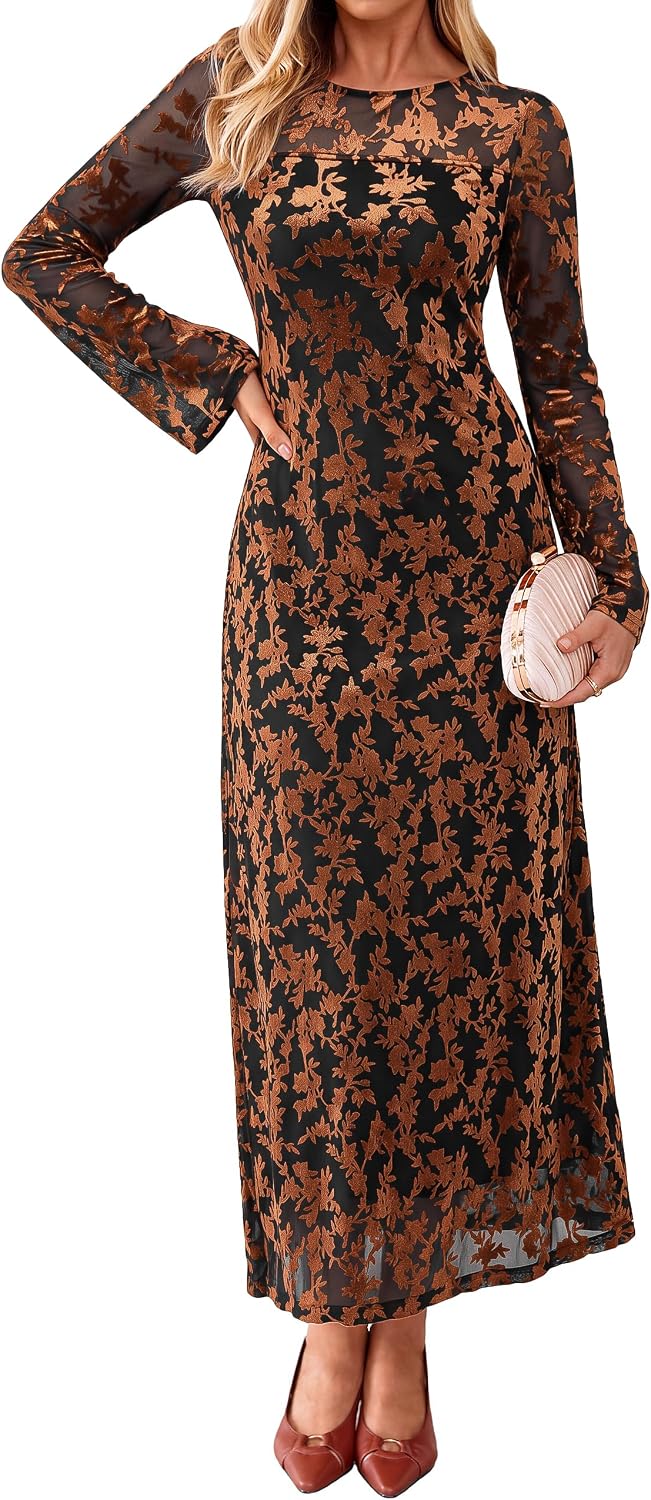 Simplee Womens Velvet Long Sleeve Fall Formal Wedding Guest Maxi Dress | Burnout Velvet Floral, Stretch Mesh Fabric, Long Bell Sleeve,Winter Holiday, Elegant Cocktail Party Dress