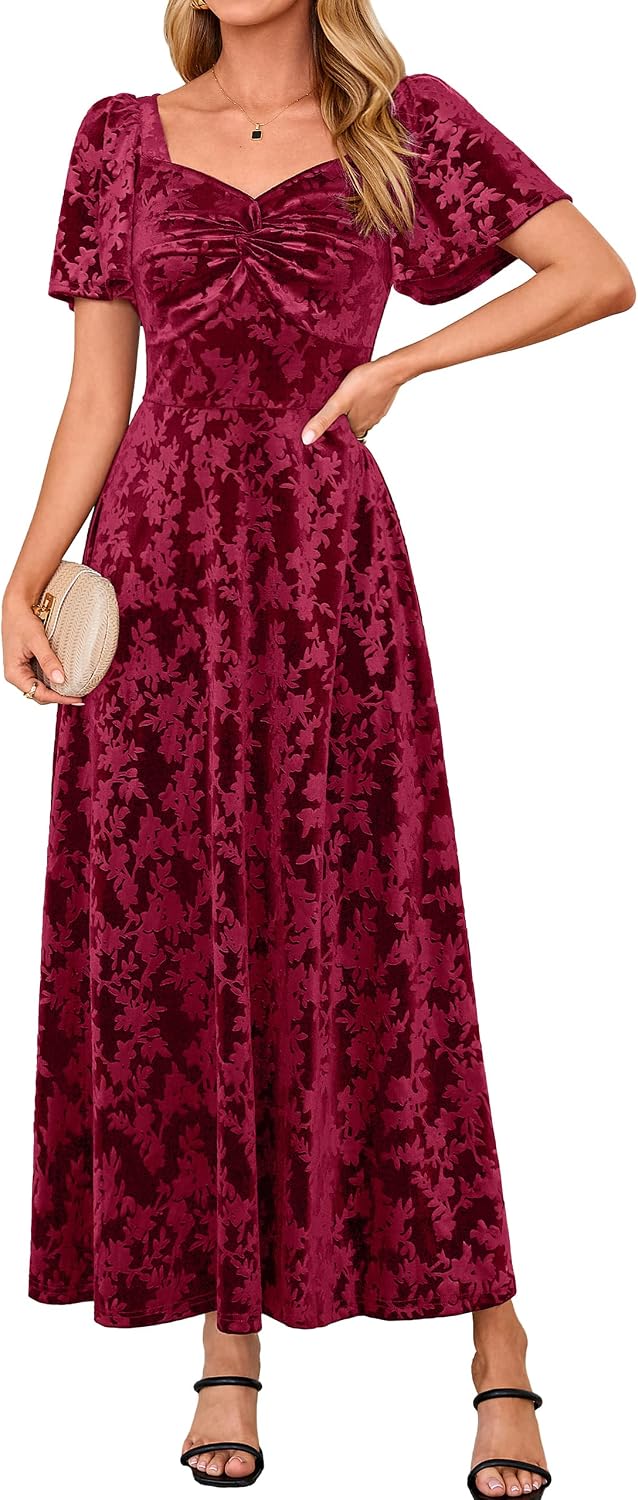 BerryGo Womens Velvet Twist Semi Formal Wedding Guest Maxi Dress | with Pockets, A Line, Short Sleeve, Elegant, Bridal Shower, Long Cocktail, Prom, Fall Winter Fashion