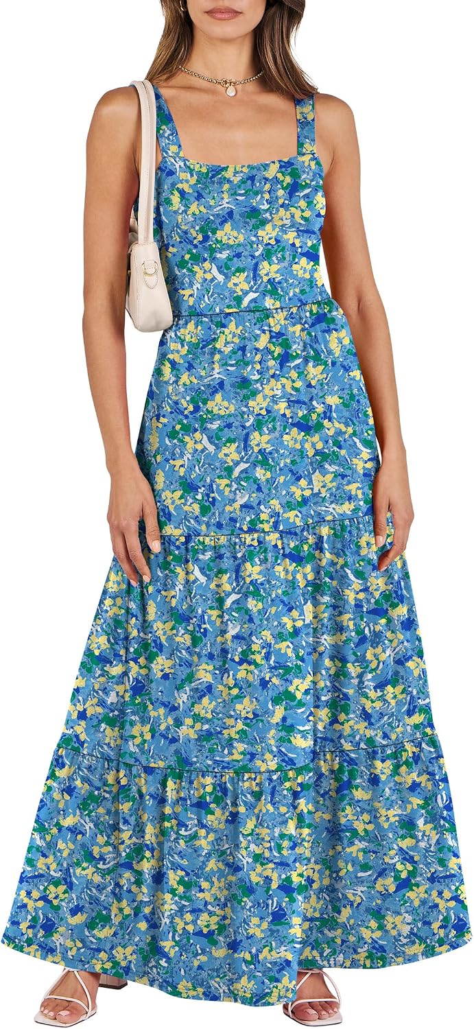 ANRABESS Women's Summer Flowy Maxi Dress Square Neck Sundress with Pockets | Casual Beach Travel Vacation Sleeveless Sun Dress, A-line Boho Tiered Tank Top Long Dresses