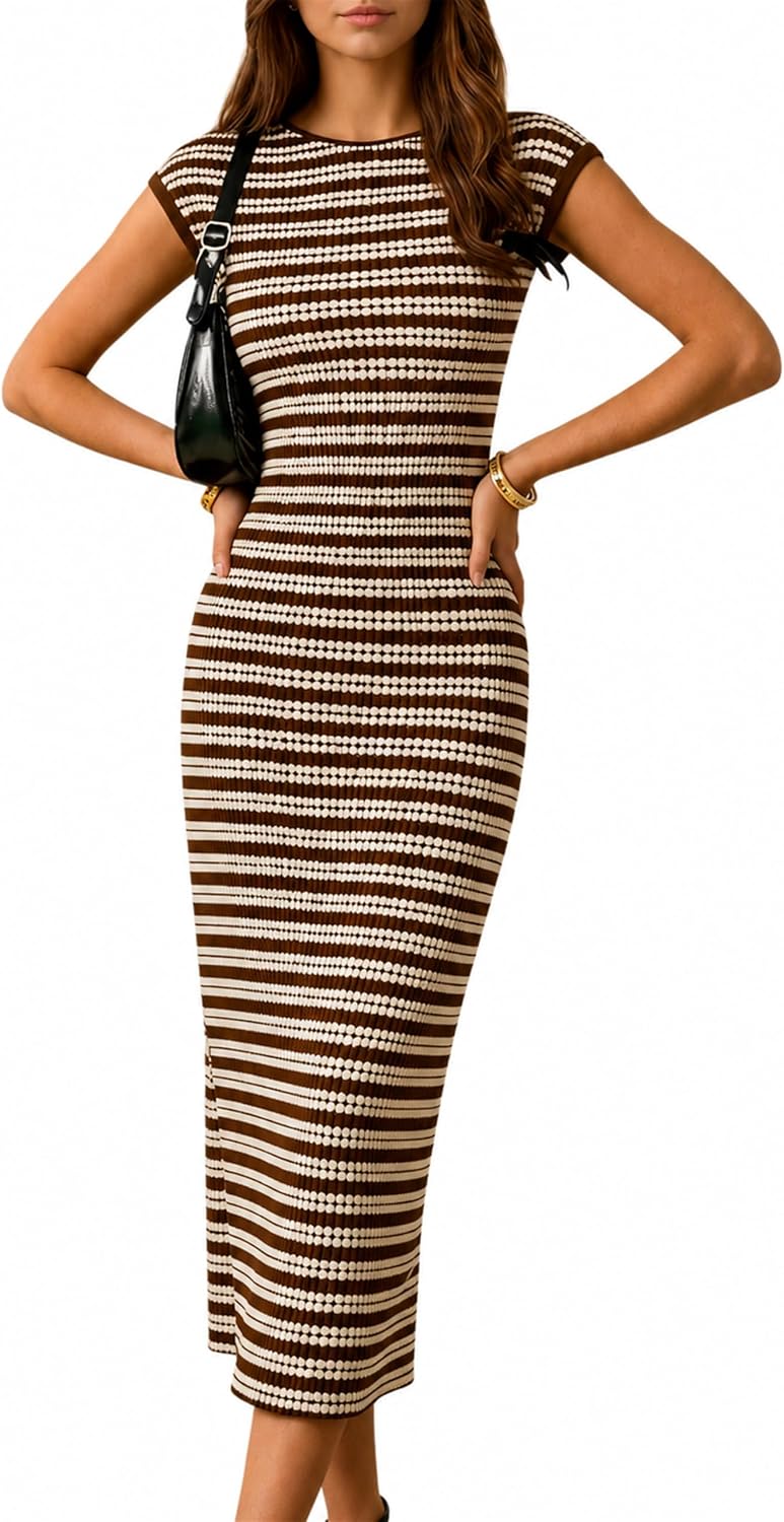 itnpbwus Women's Striped Midi Dress Casual Work Crew Neck Cap Sleeve Knit | Business Casual Dress for Womens Summer Cinched Waist Bodycon Sheer See Through Crochet for Maternity, Office, Beach, Travel