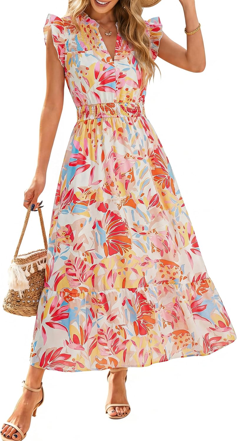 Simplee Womens Summer Floral Mixi Dress V Neck Ruffle Short Sleeve Flowy Dress Boho Casual Beach Long Dresses 2026