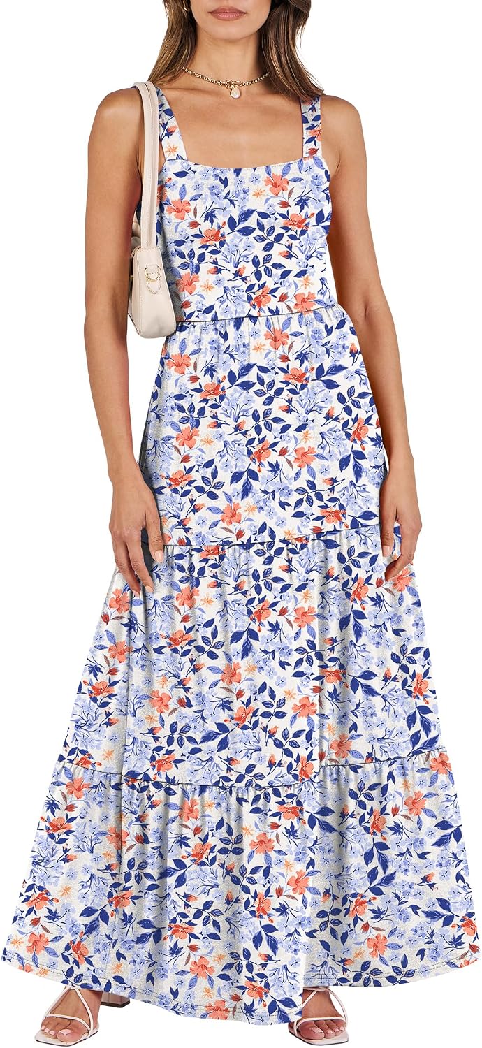 ANRABESS Women's Summer Flowy Maxi Dress Square Neck Sundress with Pockets | Casual Beach Travel Vacation Sleeveless Sun Dress, A-line Boho Tiered Tank Top Long Dresses