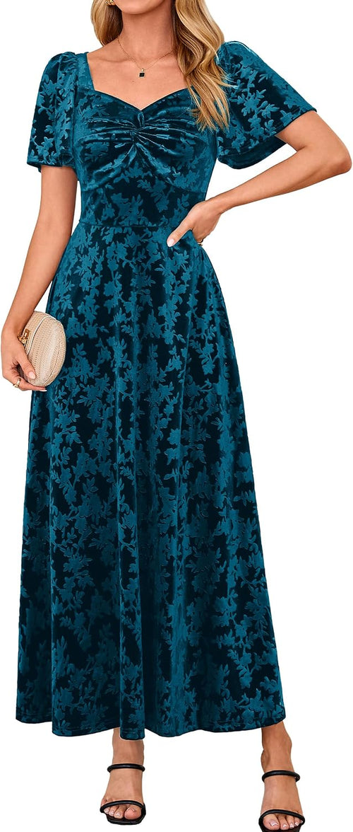 BerryGo Womens Velvet Twist Semi Formal Wedding Guest Maxi Dress | with Pockets, A Line, Short Sleeve, Elegant, Bridal Shower, Long Cocktail, Prom, Fall Winter Fashion