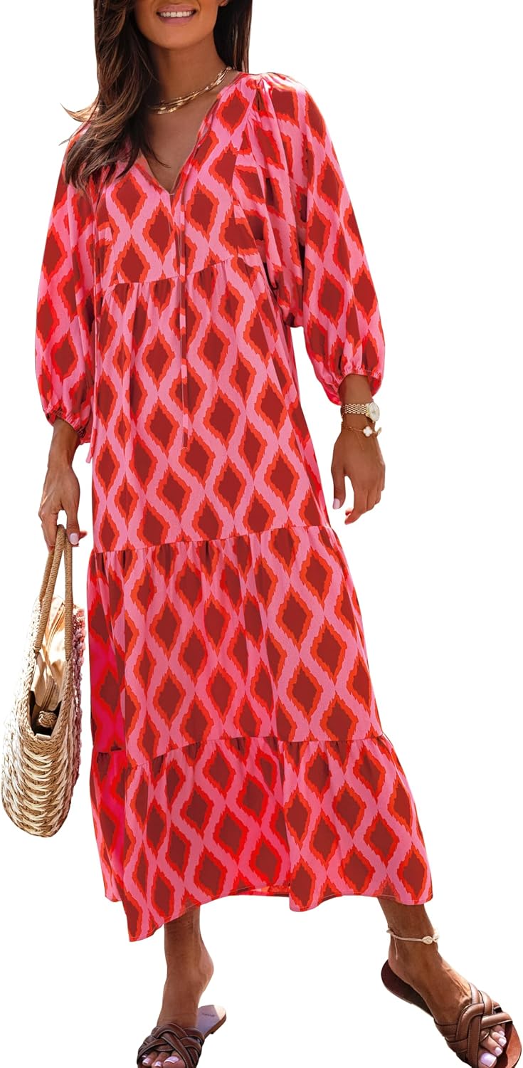 miduo Womens Casual V Neck Half Sleeve Bohemian Geometric Maxi Long Dresses | Loose Fit Beach Summer V Neck Half Sleeve Bohemian Maxi Long Dresses Boho Resortwear Holiday