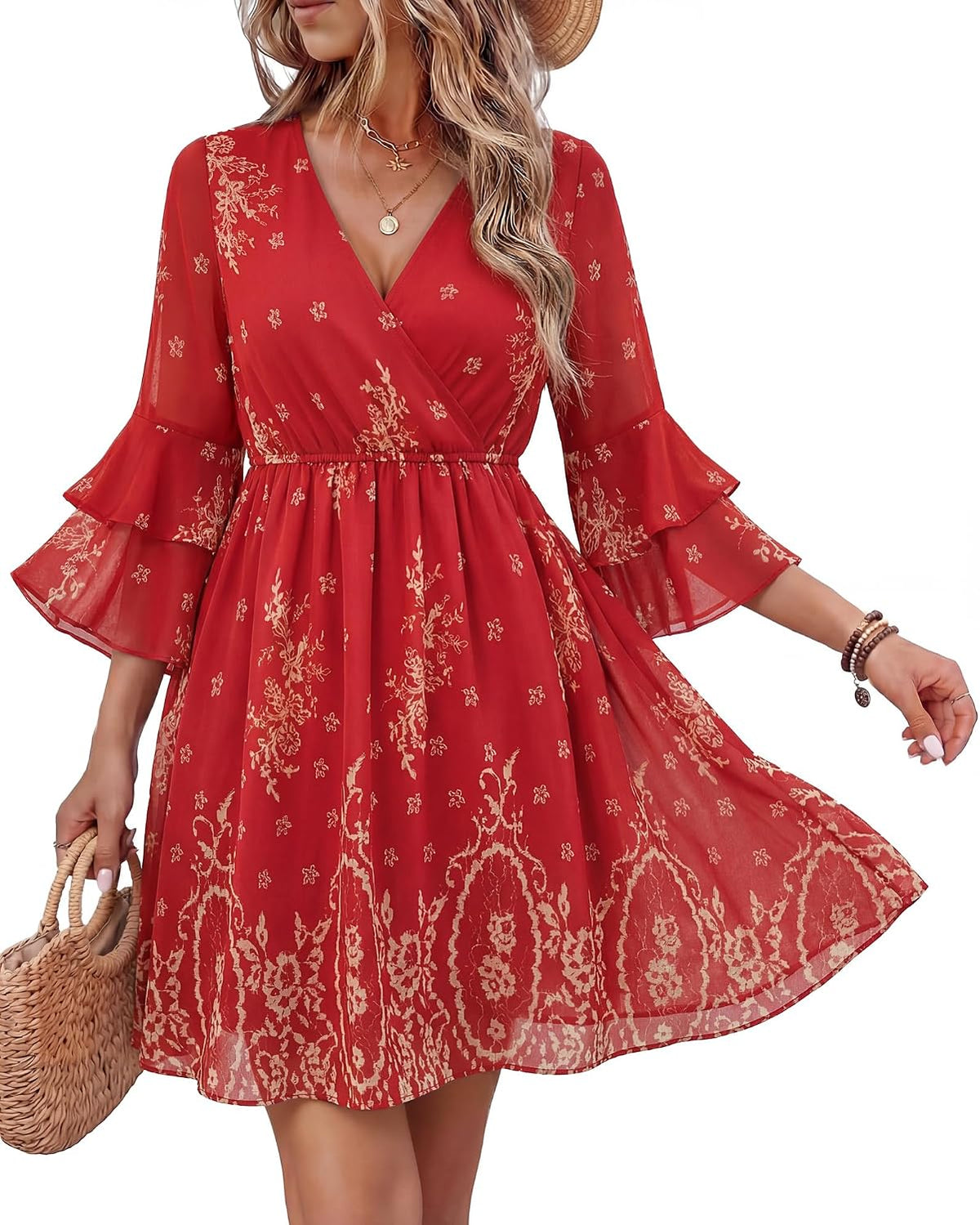 Bebonnie Womens 3\/4 Ruffle Sleeve Spring Summer Casual V Neck Flowy Chiffon Layers Dresses