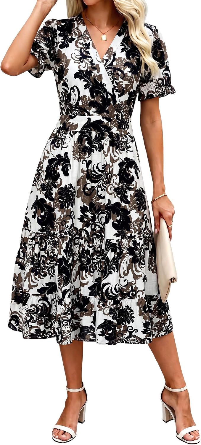 OLICE Summer Dresses Midi Dress V Neck Puffy Short Sleeve Flowy Casual Vacation Beach Sundresses 2026 with Pockets