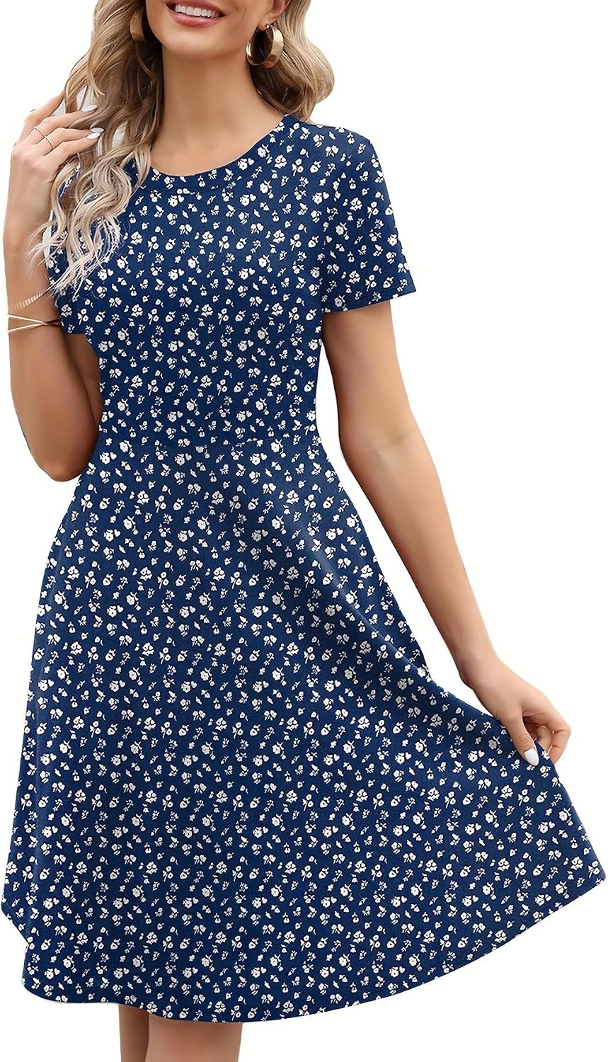 Women's Elegant Knee Length Dresses Vintage Summer Office Casual Floral Print Work Party A-Line Swing Dress with Pockets 162