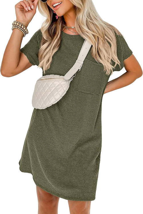 ANRABESS Womens Casual Summer Ribbed Knit Tunic Tshirt Mini Dresses 2026 Trendy Crewneck Short Sleeve Beach Loose Shift Dress