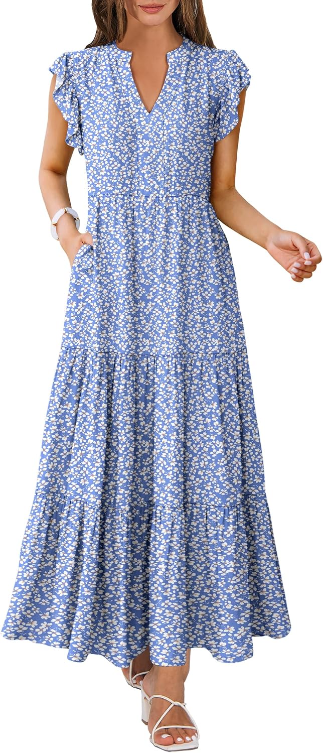 ANRABESS Womens Summer Dress Ruffle Sleeve V Neck Vacation Maxi Dresses | Flowy Tiered Boho Beach Sundress, Casual Fit Long Dress with Pockets, Soft Fashion Work Outfits 2026