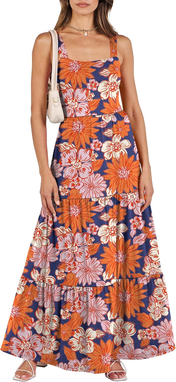 ANRABESS Women's Summer Flowy Maxi Dress Square Neck Sundress with Pockets | Casual Beach Travel Vacation Sleeveless Sun Dress, A-line Boho Tiered Tank Top Long Dresses