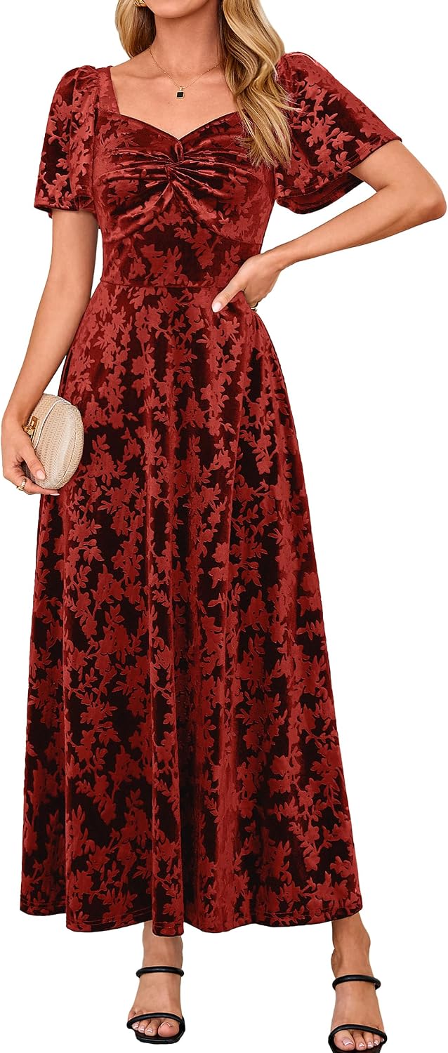 BerryGo Womens Velvet Twist Semi Formal Wedding Guest Maxi Dress | with Pockets, A Line, Short Sleeve, Elegant, Bridal Shower, Long Cocktail, Prom, Fall Winter Fashion