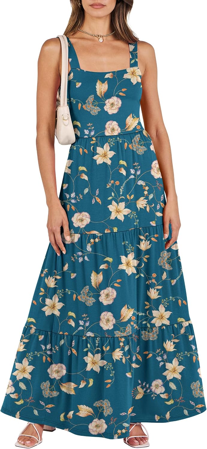ANRABESS Women's Summer Flowy Maxi Dress Square Neck Sundress with Pockets | Casual Beach Travel Vacation Sleeveless Sun Dress, A-line Boho Tiered Tank Top Long Dresses