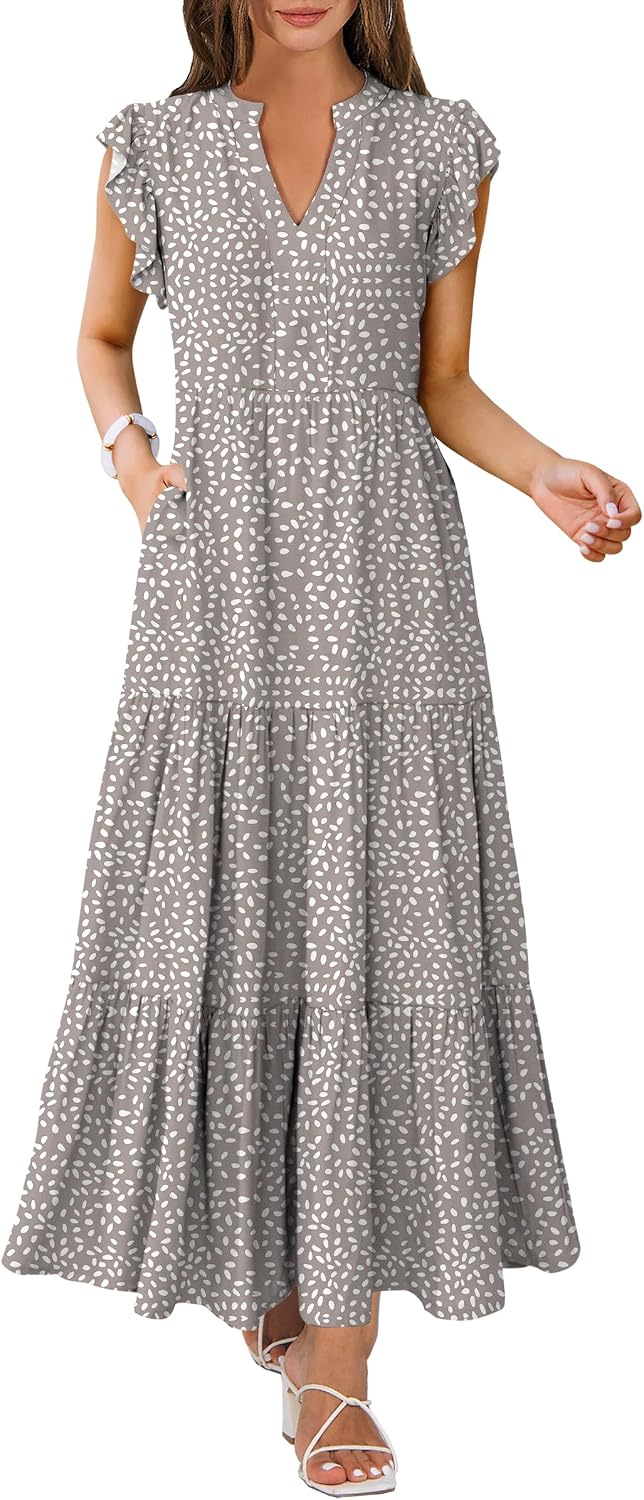 ANRABESS Womens Summer Dress Ruffle Sleeve V Neck Vacation Maxi Dresses | Flowy Tiered Boho Beach Sundress, Casual Fit Long Dress with Pockets, Soft Fashion Work Outfits 2026