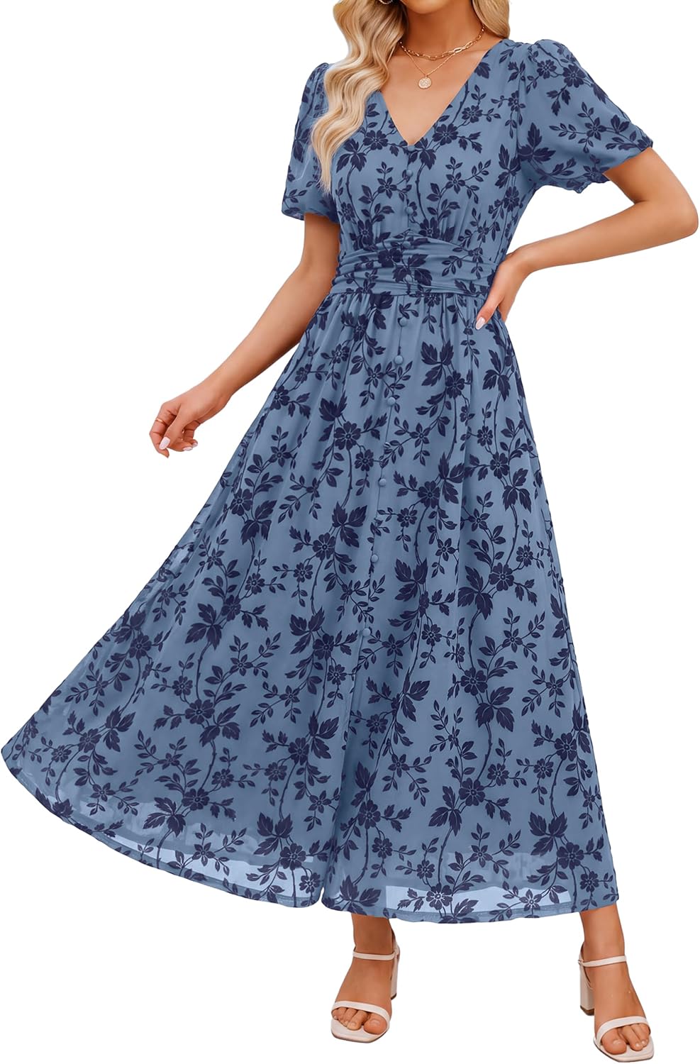Simplee Womens Floral Wedding Guest Mesh Maxi Dress Formal Cocktail Dresses | Boho Flowy, Semi Formal, Evening Dinner, Empire Waist, Short Sleeve, Long Elegant Western, Fall Winter Holiday